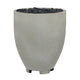 Concrete gas fire pit with round drum shape, light gray speckled finish, vented top panel