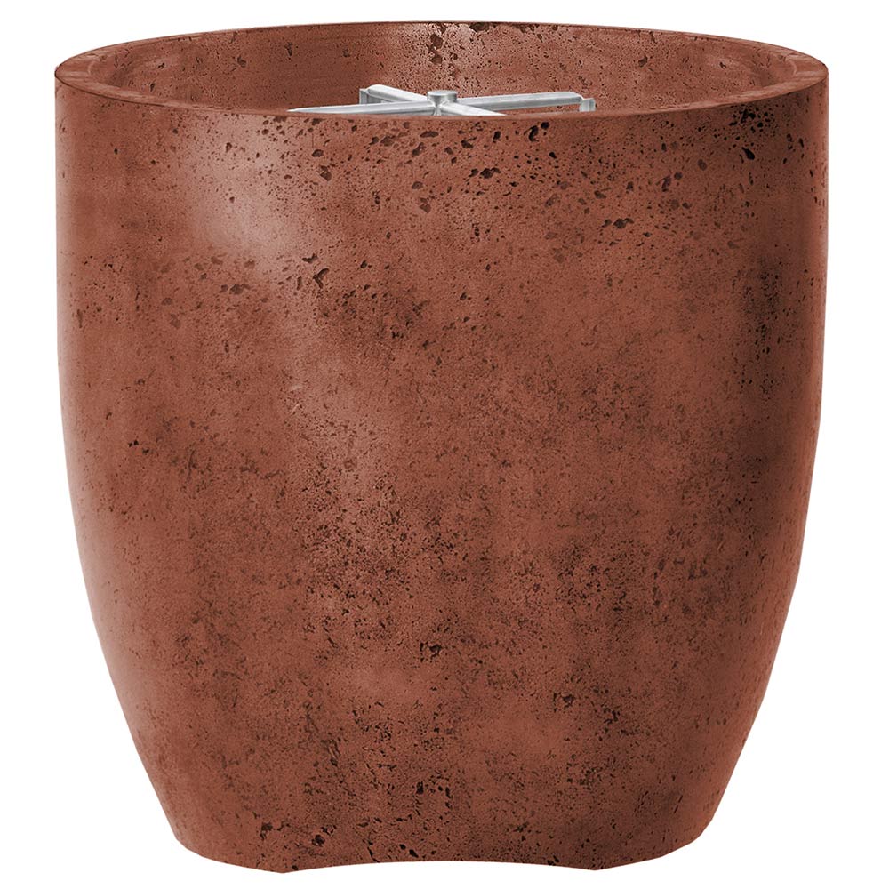 Concrete gas fire pit bowl with terracotta-brown speckled finish and burner opening