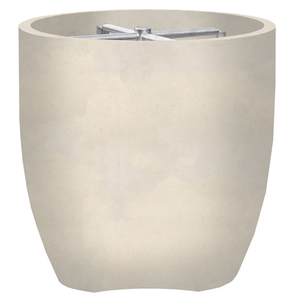 Concrete gas fire pit with round bowl and metal burner assembly, light beige