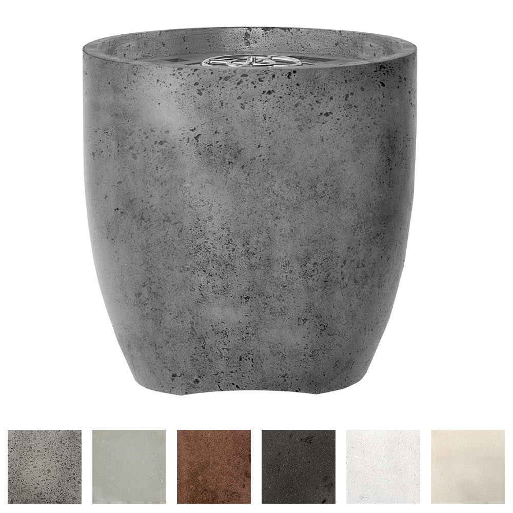 Concrete gas fire pit bowl with dark gray speckled finish and round burner opening