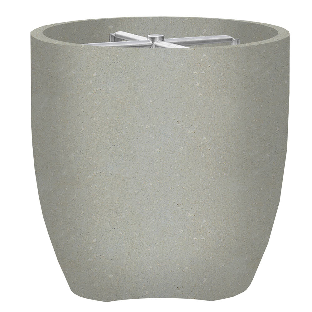 Concrete gas fire pit bowl with light gray speckled finish and burner opening