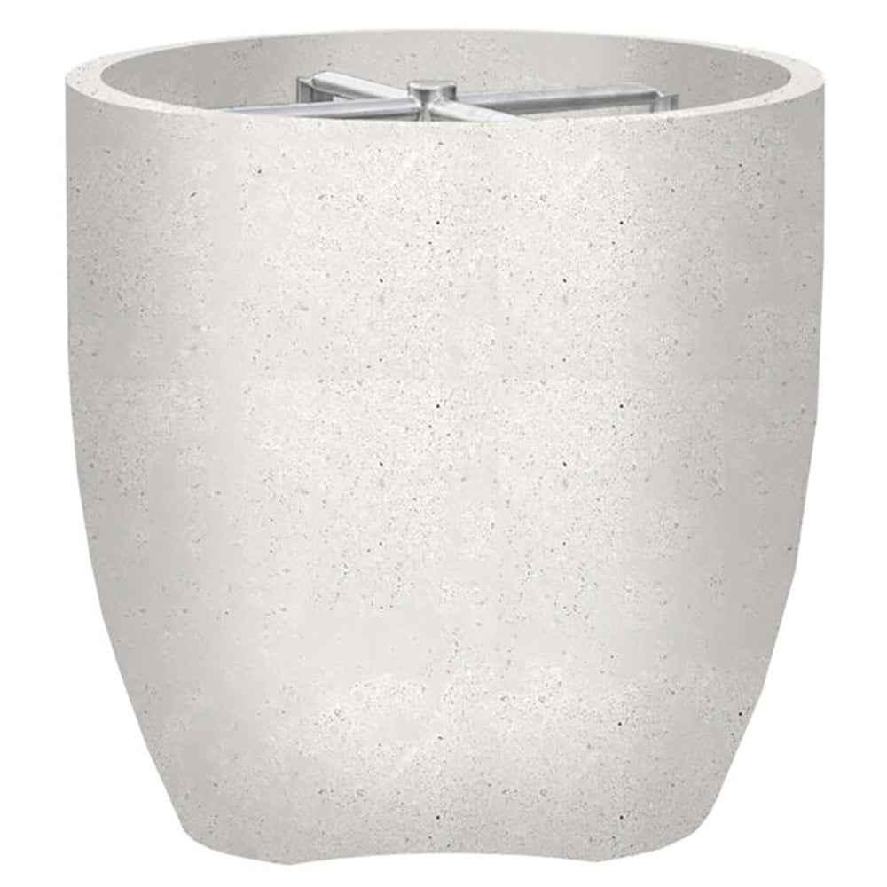 Concrete gas fire pit, round bowl with metal burner assembly, light speckled gray