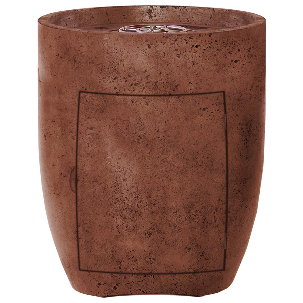 Concrete propane gas fire pit with square front access panel, rust-brown finish