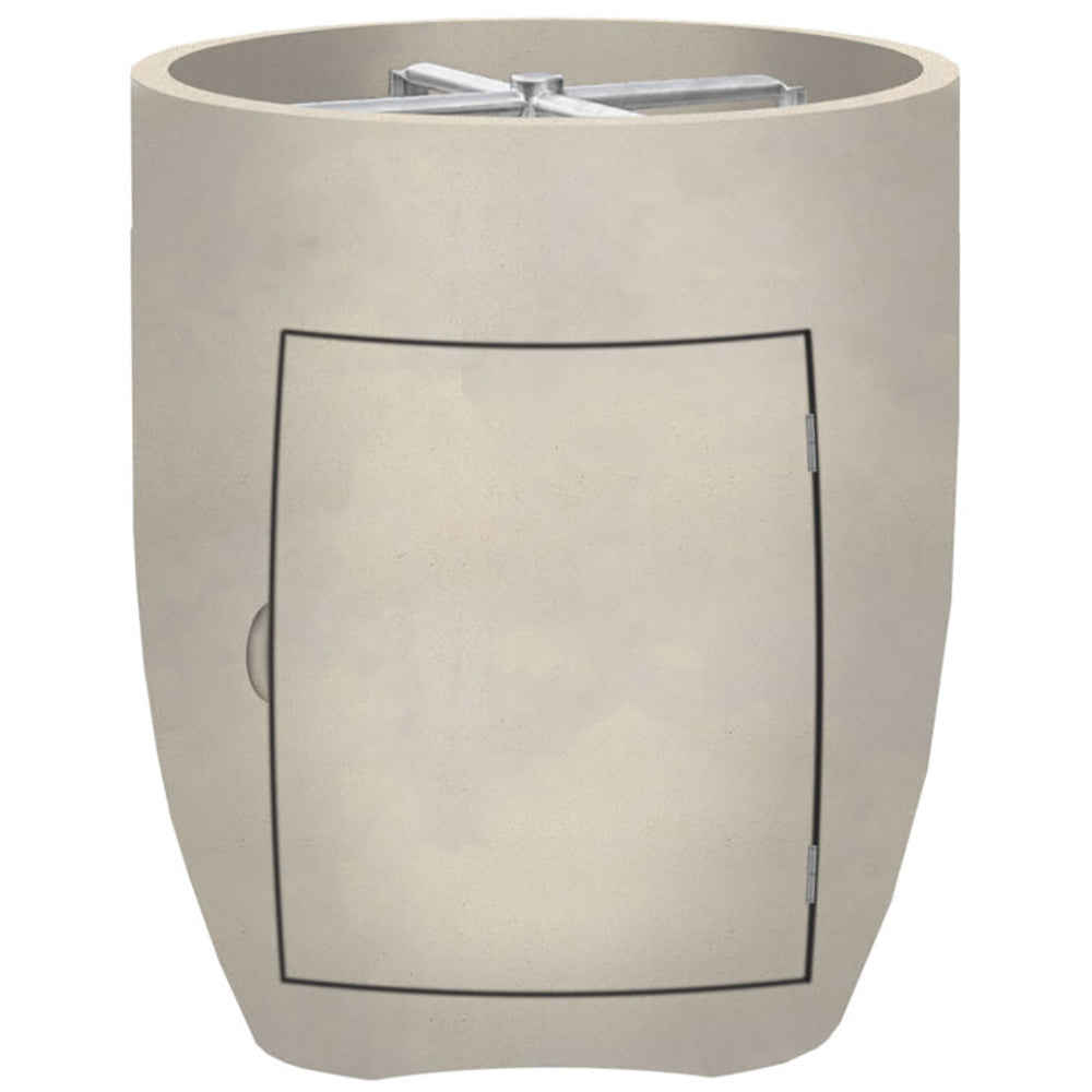 Concrete propane gas fire pit with square front access panel, white finish