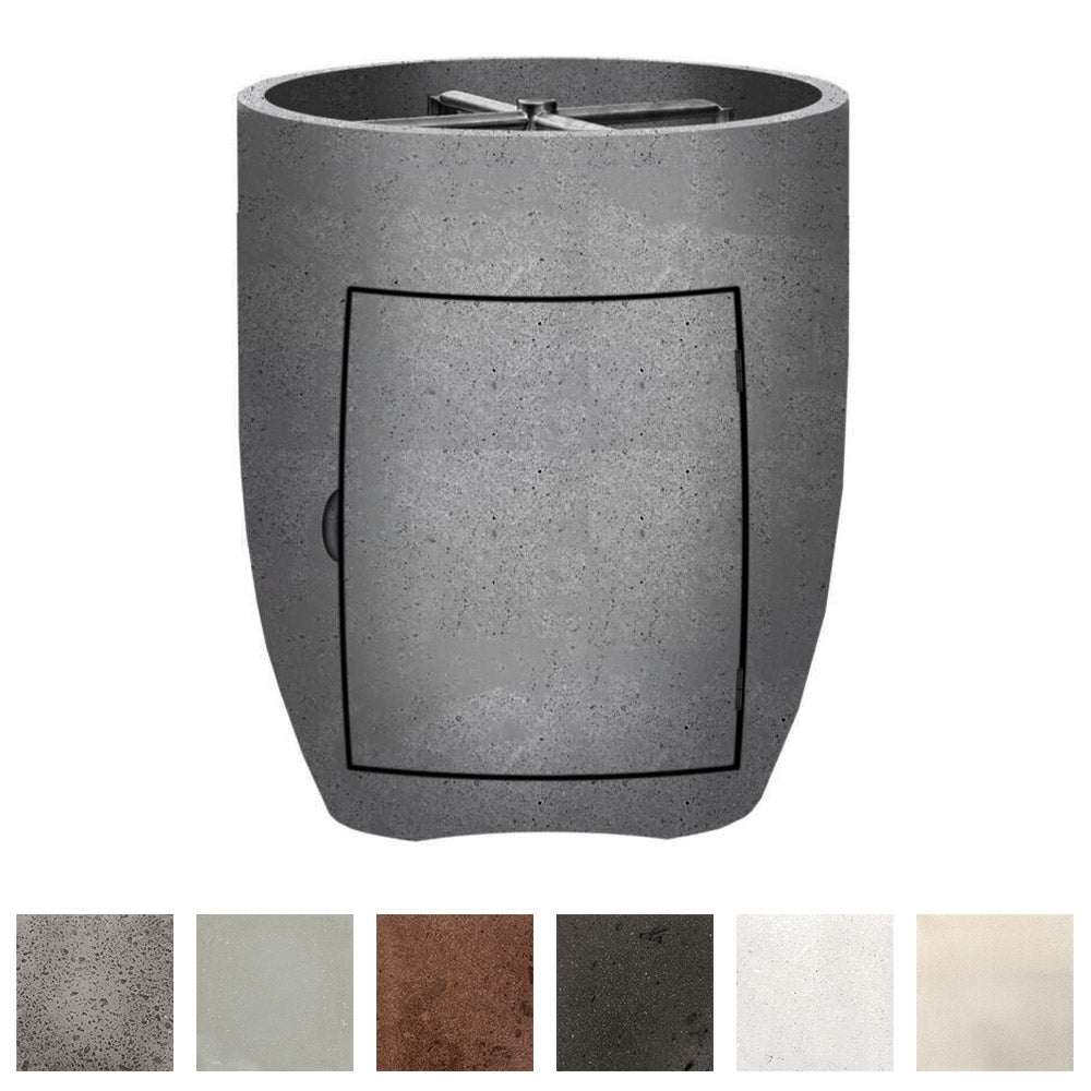 Concrete propane gas fire pit with square front access panel, dark gray finish