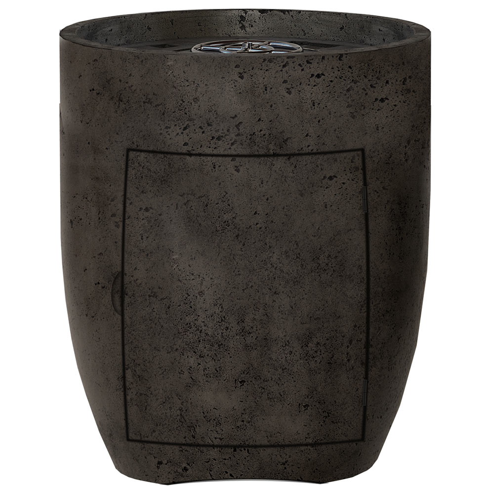 Concrete propane gas fire pit with square front access panel, black finish