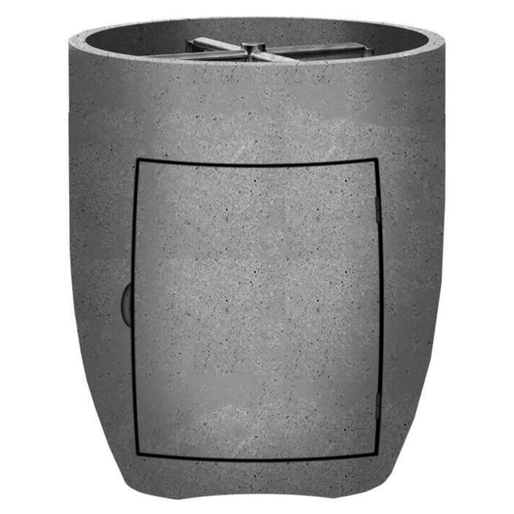 Concrete propane gas fire pit with square front access panel, medium dark gray finish