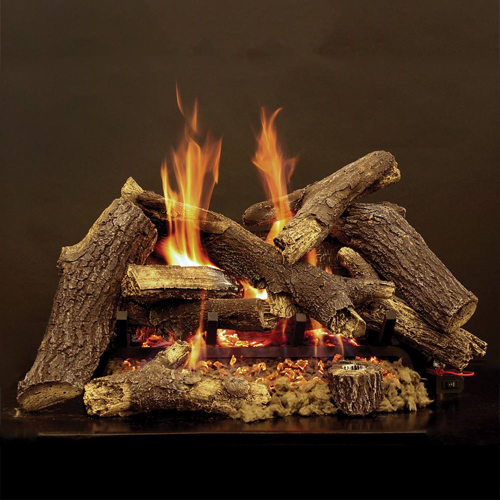 Radiant gas burner with tall flames and split burning logs