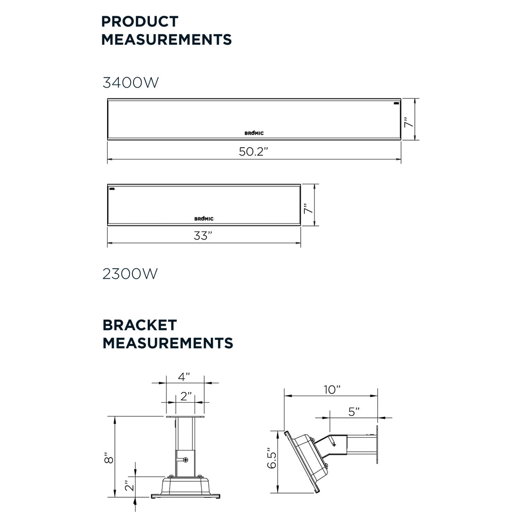 Bromic electric heater product and bracket measurements diagram, 3400W panel size