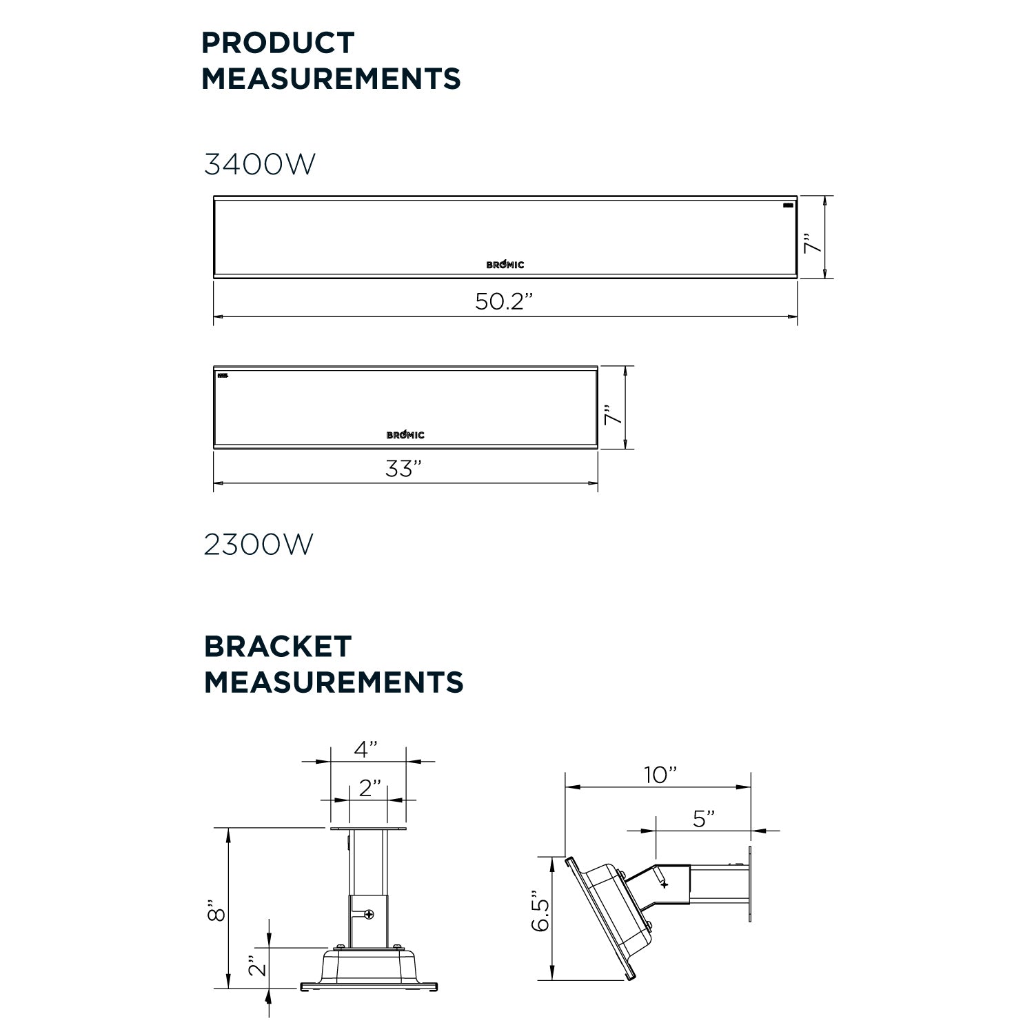 Bromic electric heater product and bracket measurements diagram, 3400W panel size