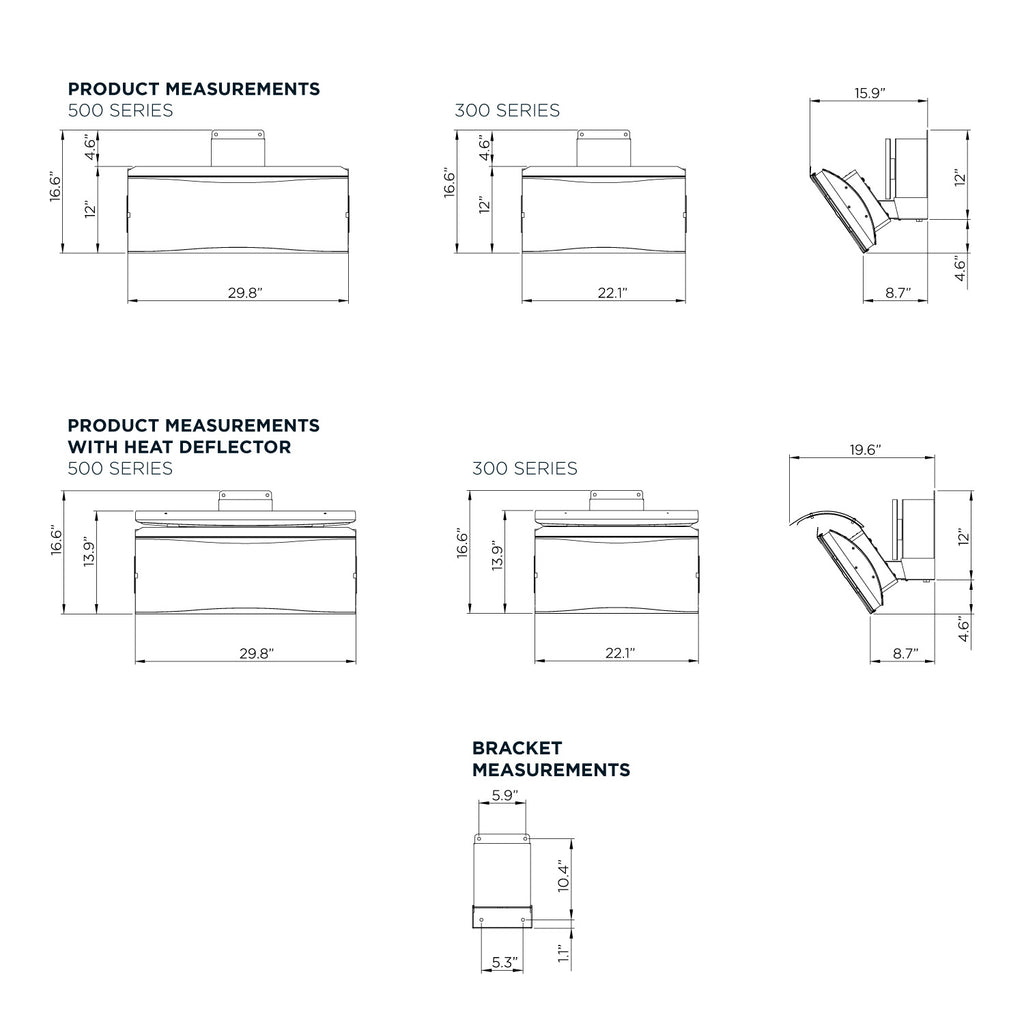 Product measurement diagram with dimensions for 300 Series, 500 Series, and bracket