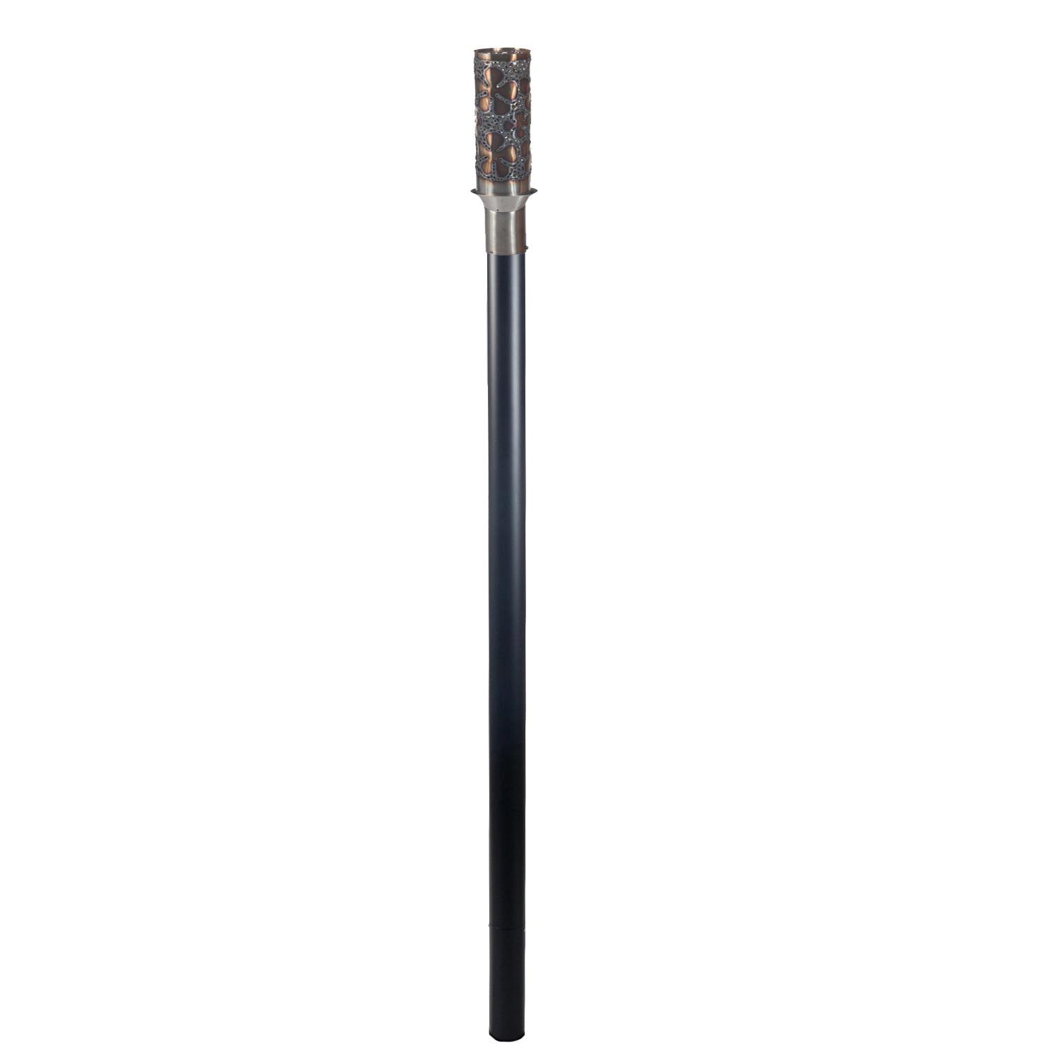 Black powder-coated pole with metal torch head, cylindrical burner with decorative cutouts