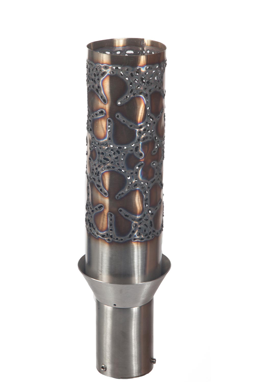 Metal torch head with decorative embossed surface and ring top, mounted on steel base