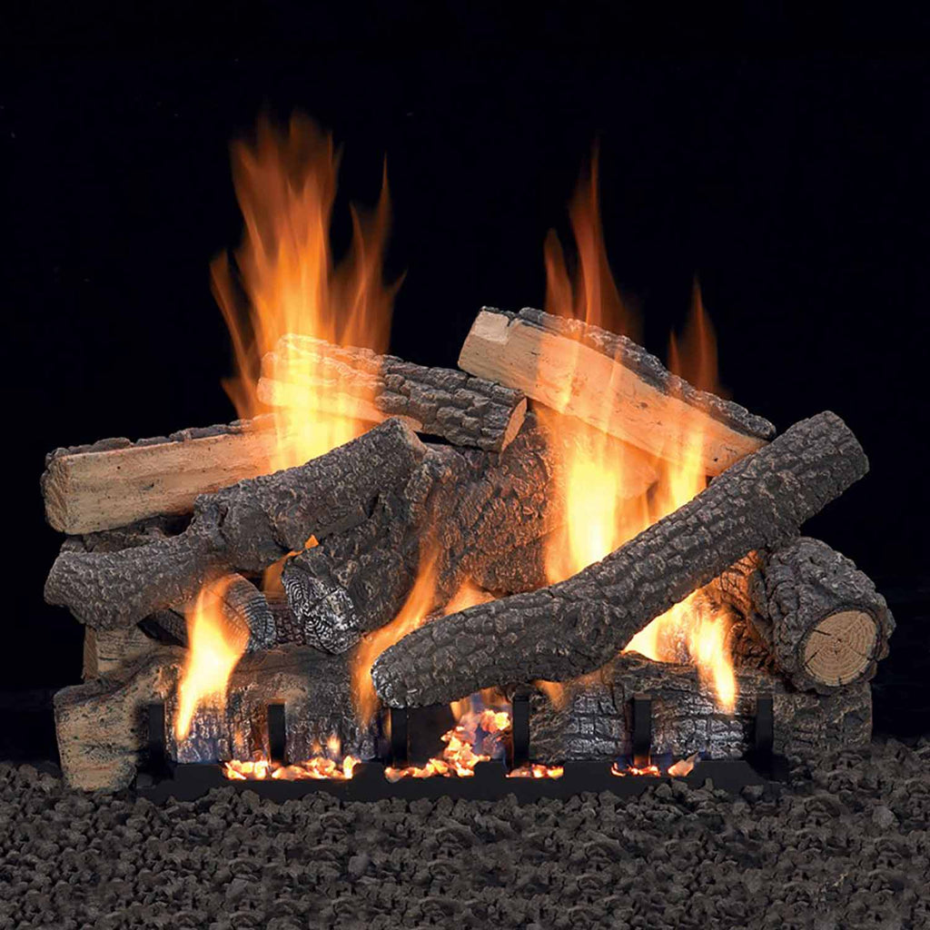 Fireplace log set with dark gray refractory logs and flames