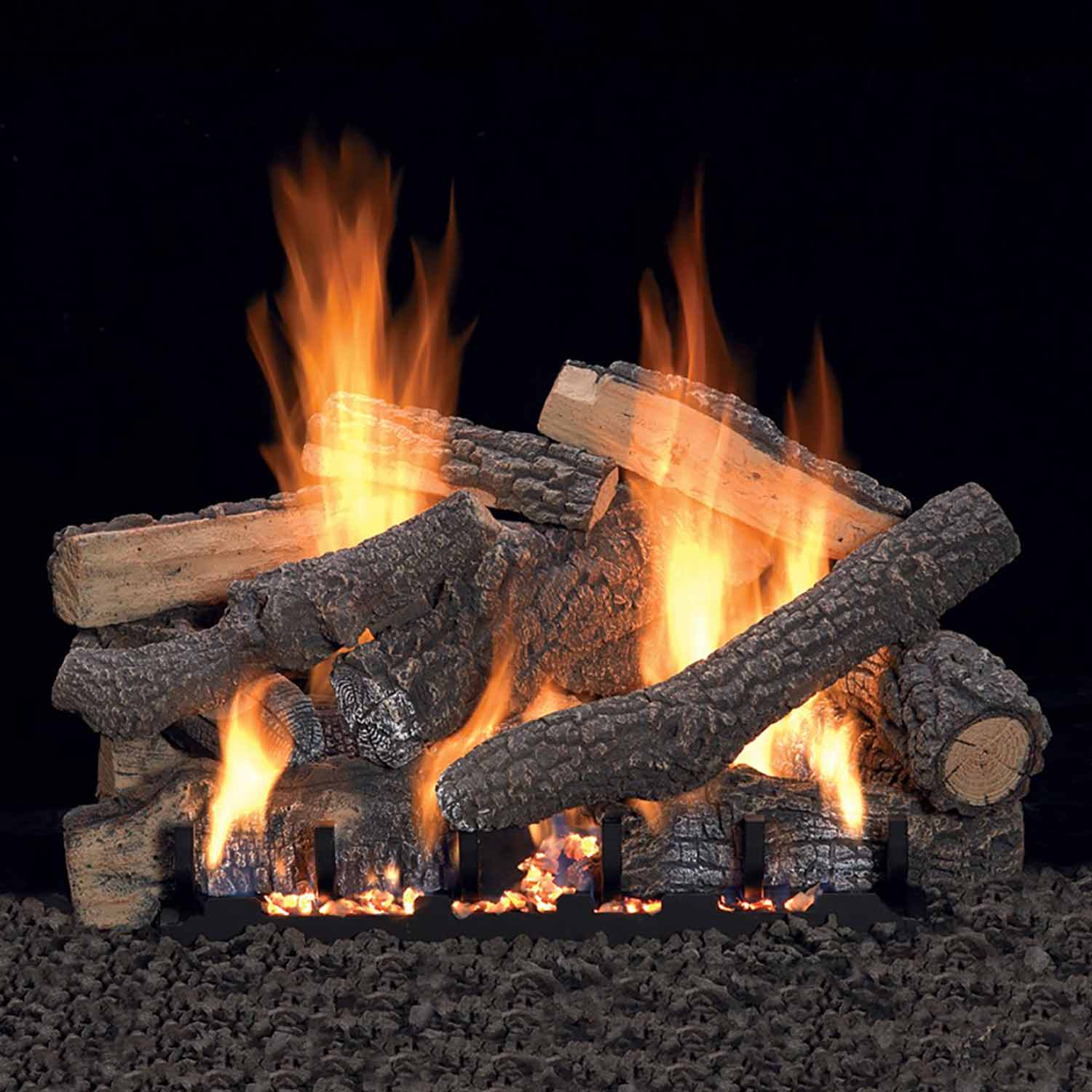 Fireplace log set with dark gray refractory logs and flames