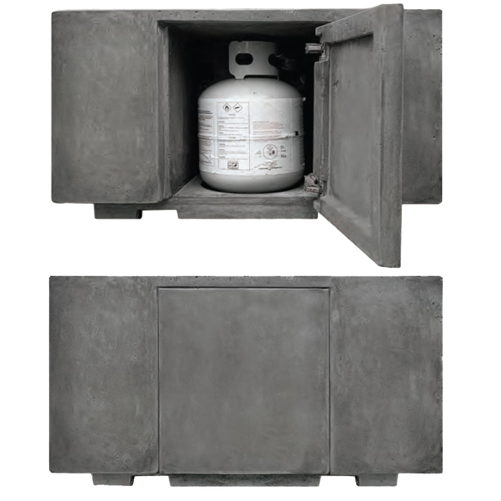 Concrete gas fire pit with side access door open, showing propane tank