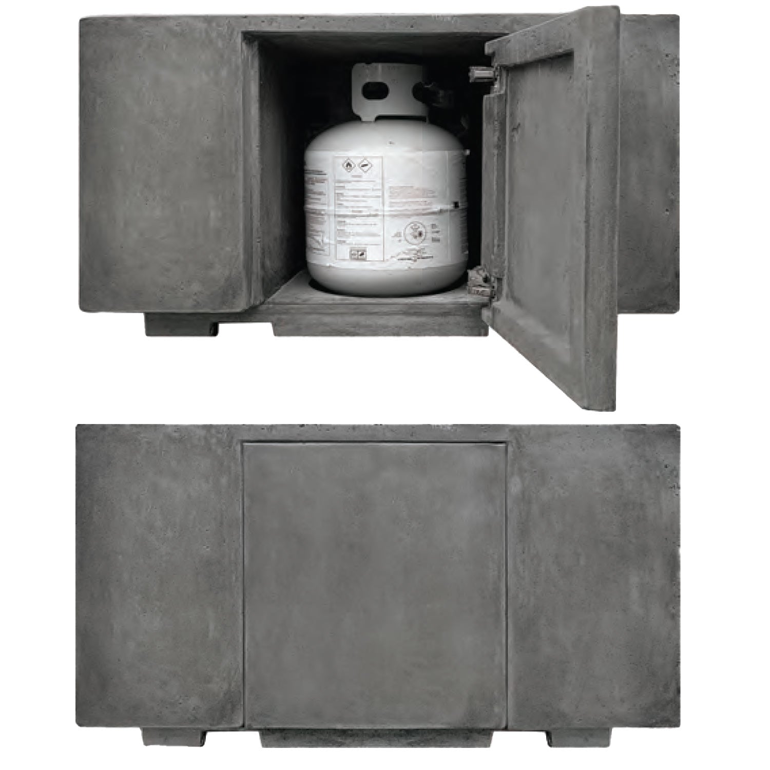 Concrete gas fire pit with side access door open, showing propane tank