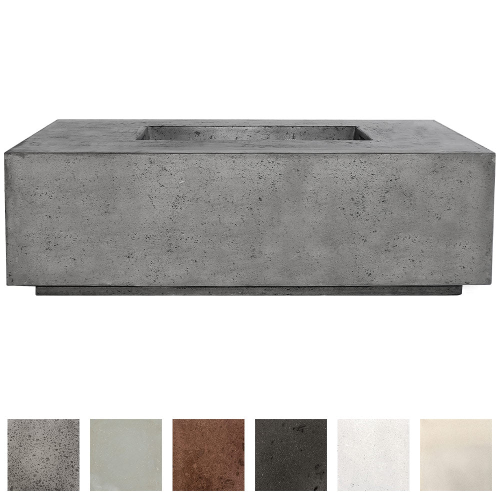 Concrete gas fire pit with rectangular fire bowl, dark gray finish