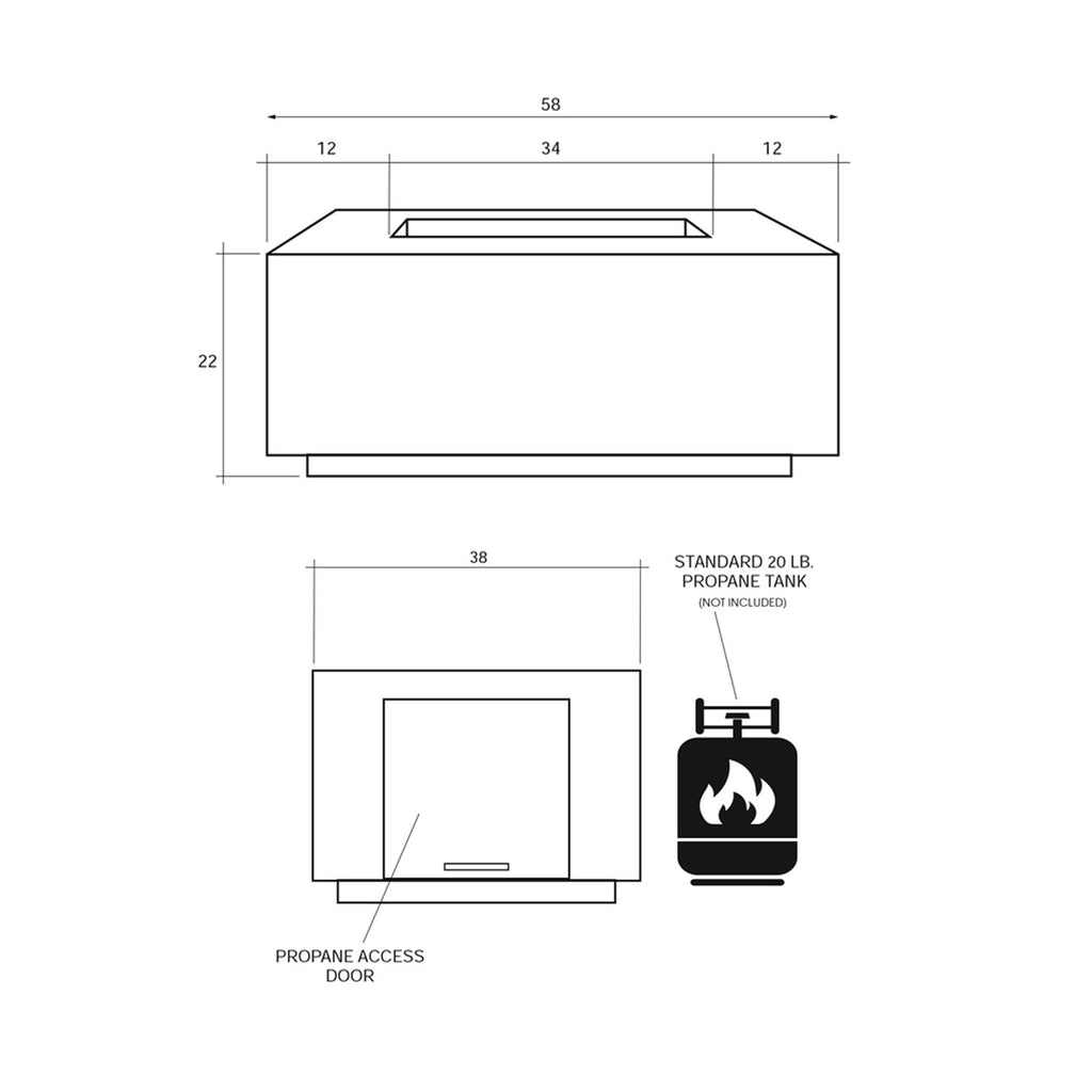 Concrete gas fire pit dimension diagram with cutaway and access door