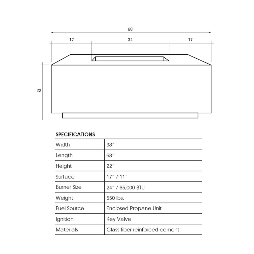Prism Portos 68 in concrete gas fire pit dimensions diagram