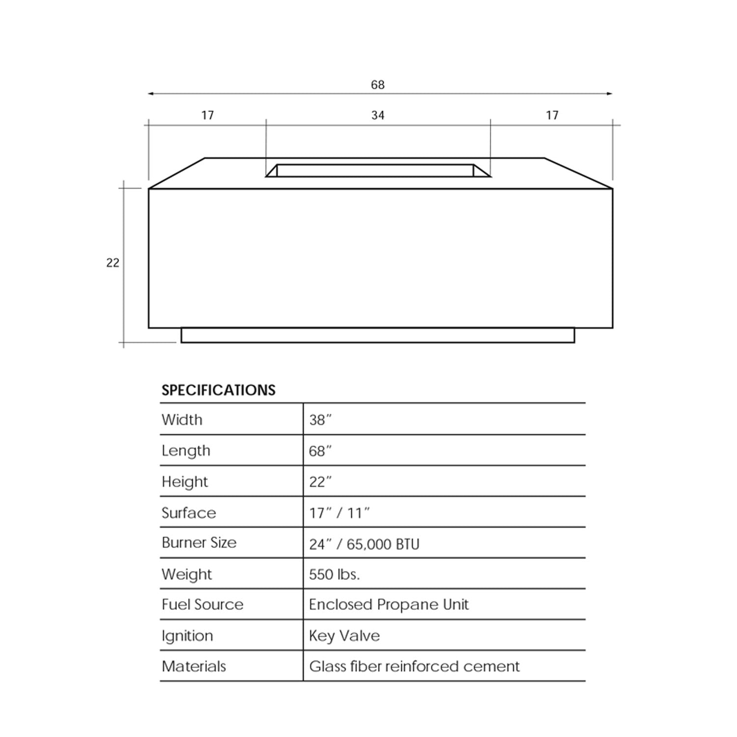 Prism Portos 68 in concrete gas fire pit dimensions diagram