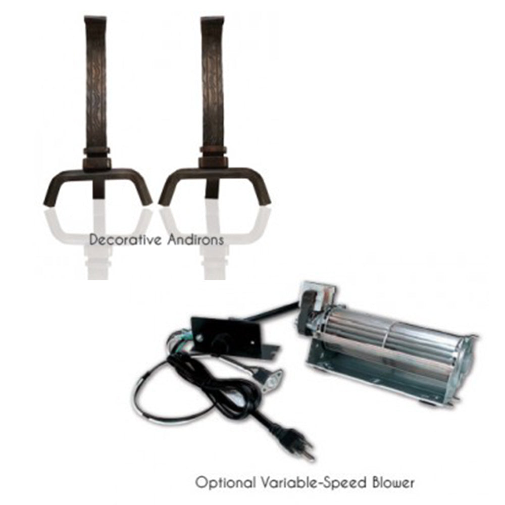 Decorative andirons and optional variable-speed blower kit for fireplace
