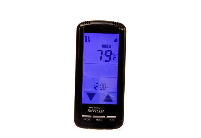 Programmable fireplace remote control with blue backlit screen and black casing