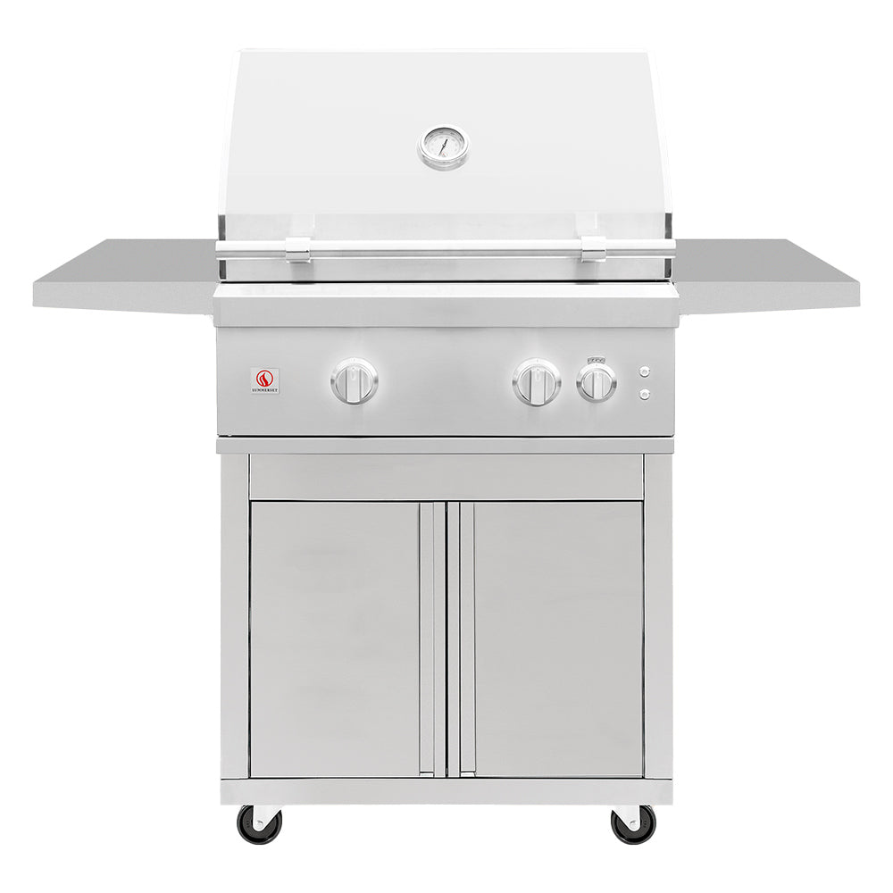 Freestanding gas grill with control knobs and side shelves, stainless steel body.
