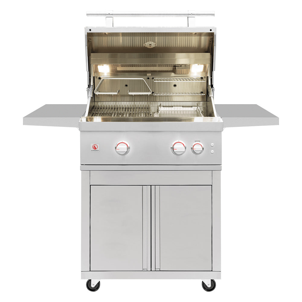 Stainless gas grill with open hood, burner area and drip tray visible.