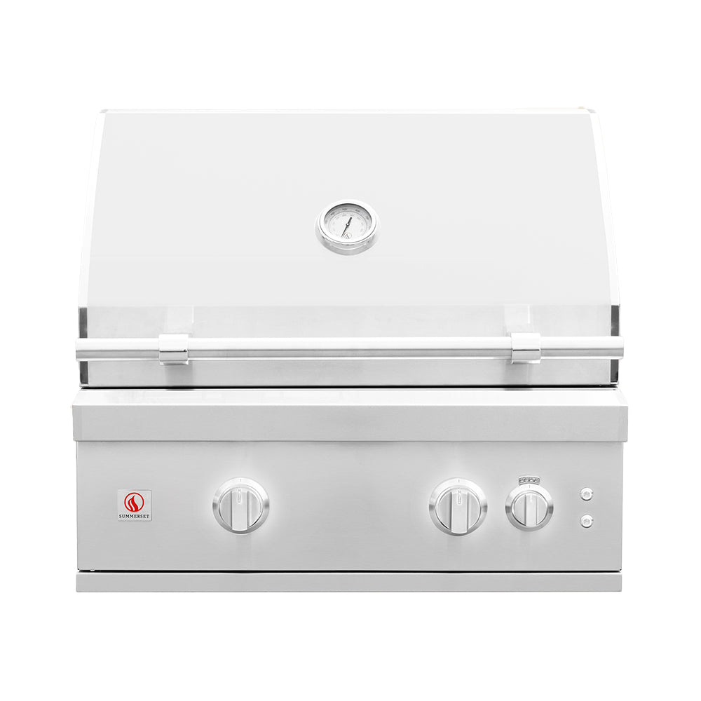 Built-in gas grill in stainless steel with control knobs and thermometer