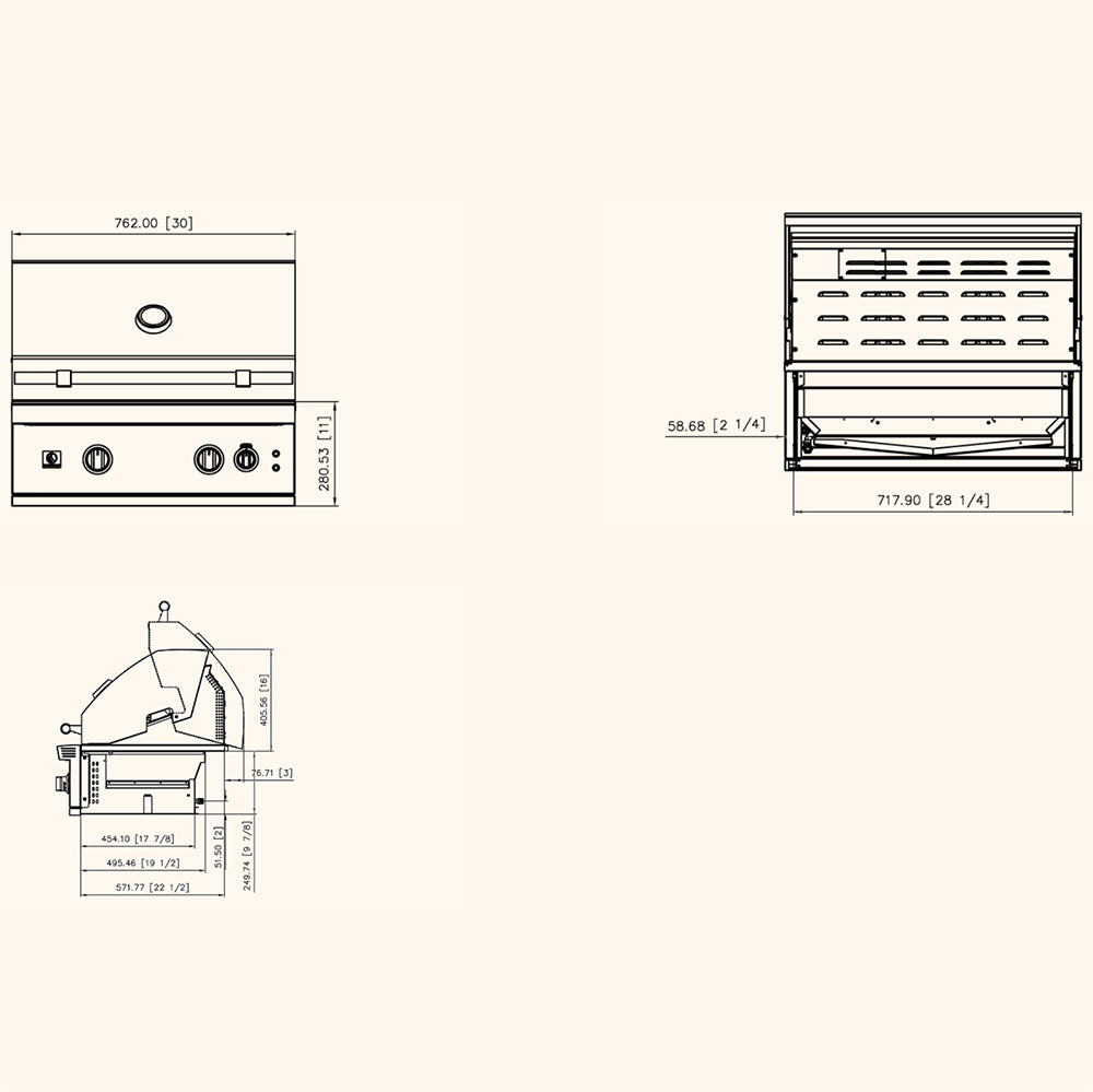 Gas grill dimension diagram with top and side measurements and layout