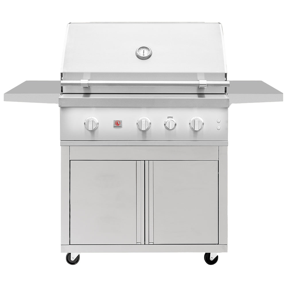 Freestanding gas grill with control knobs and cabinet doors in stainless steel