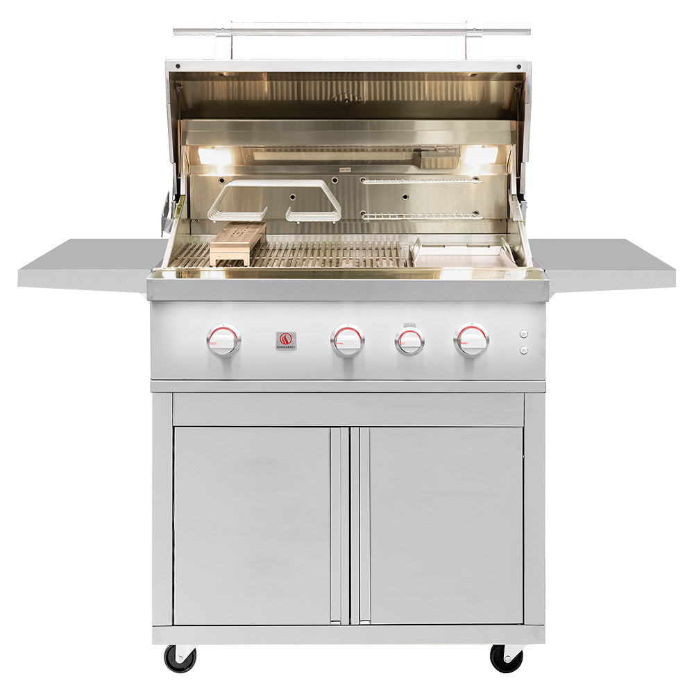 Freestanding gas grill with lid open showing cooking grates and burners