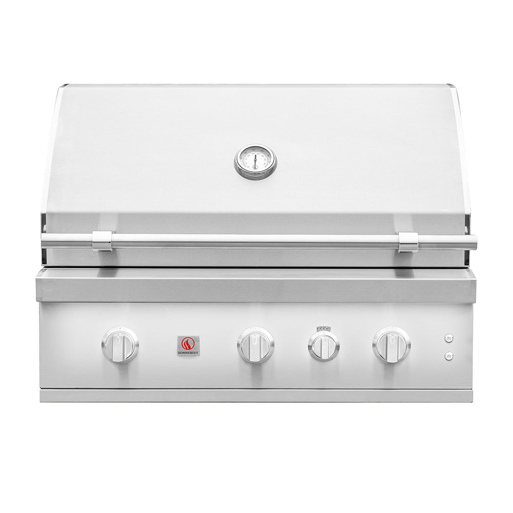 36-inch built-in gas grill with stainless control panel and lid-mounted thermometer.