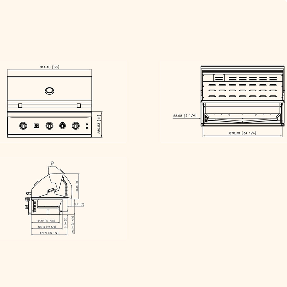 Built-in gas grill technical diagram with dimensions and burner layout.