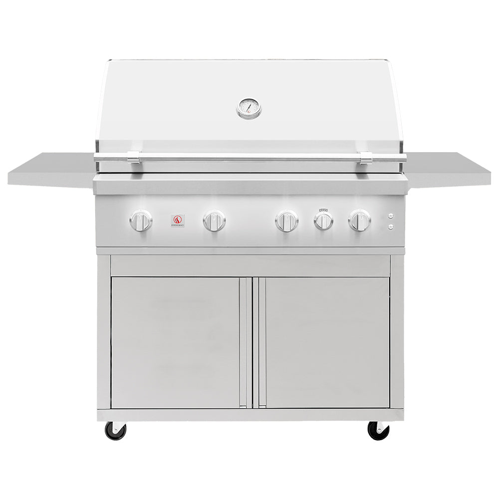 Stainless steel freestanding gas grill with control knobs and side shelves