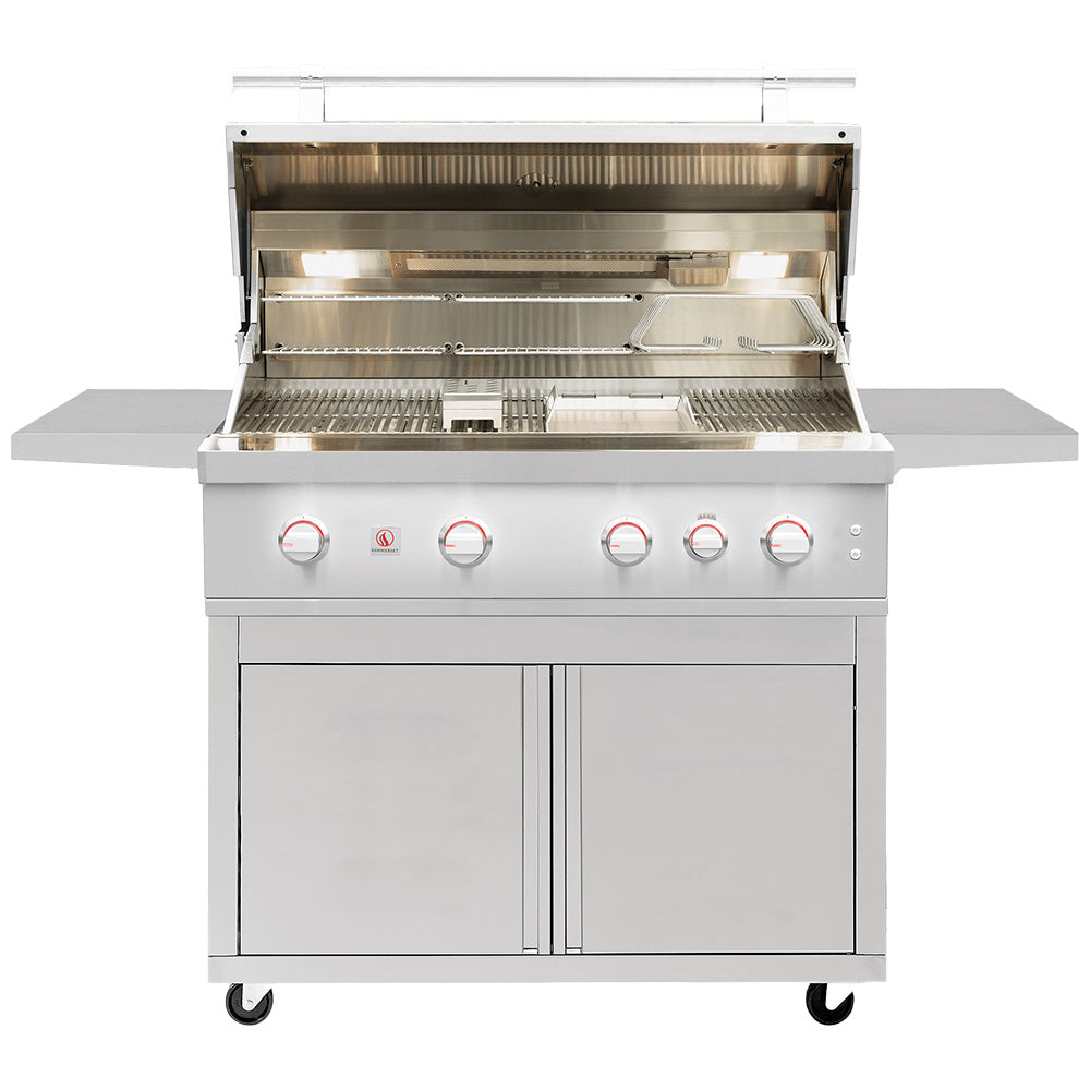 Open stainless steel gas grill with cooking grates and burner controls exposed