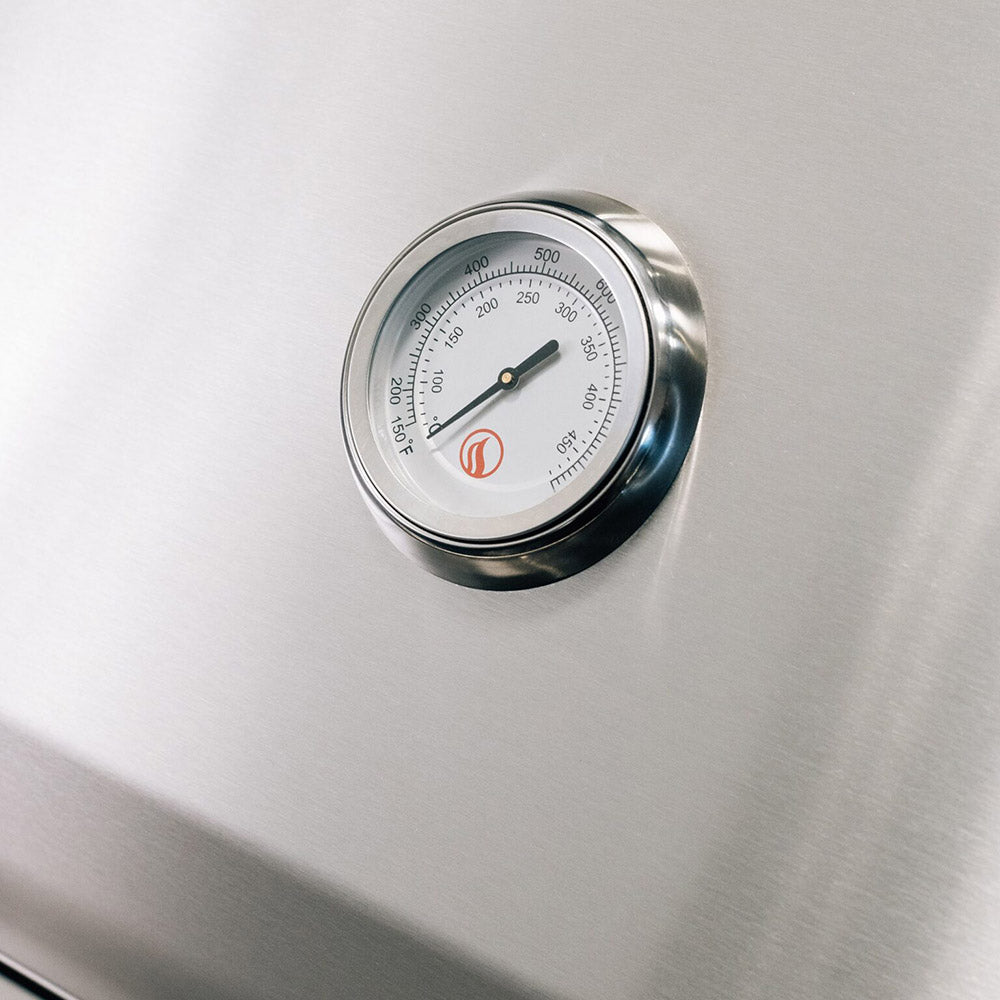 Stainless steel grill thermometer with a temperature gauge on the lid