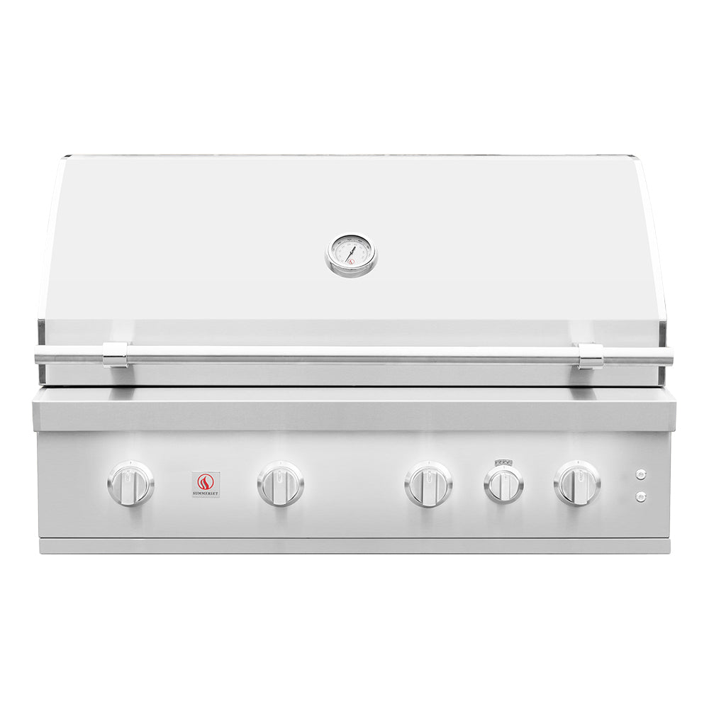 Built-in gas grill with front control panel and rounded temperature gauge on lid