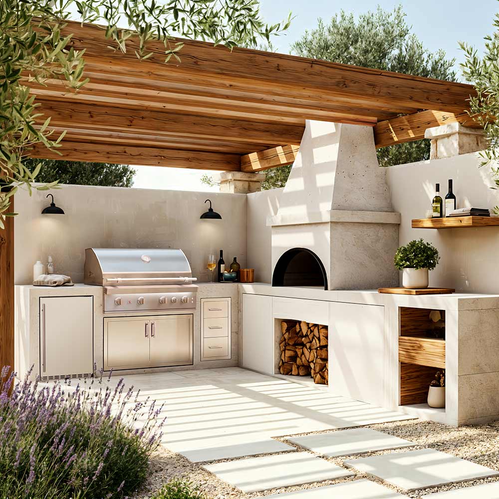 Outdoor built-in gas grill with stainless hood, burners, and side storage compartments.