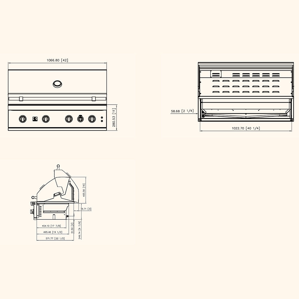 Technical line drawing of a built-in gas grill with side and front dimensions