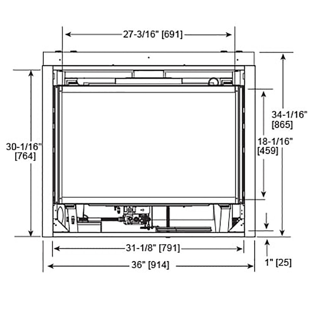 Quartz 32-inch direct vent gas fireplace dimension diagram with overall measurements