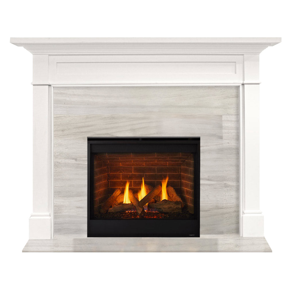 White flush mantel gas fireplace with black framed firebox and visible flames