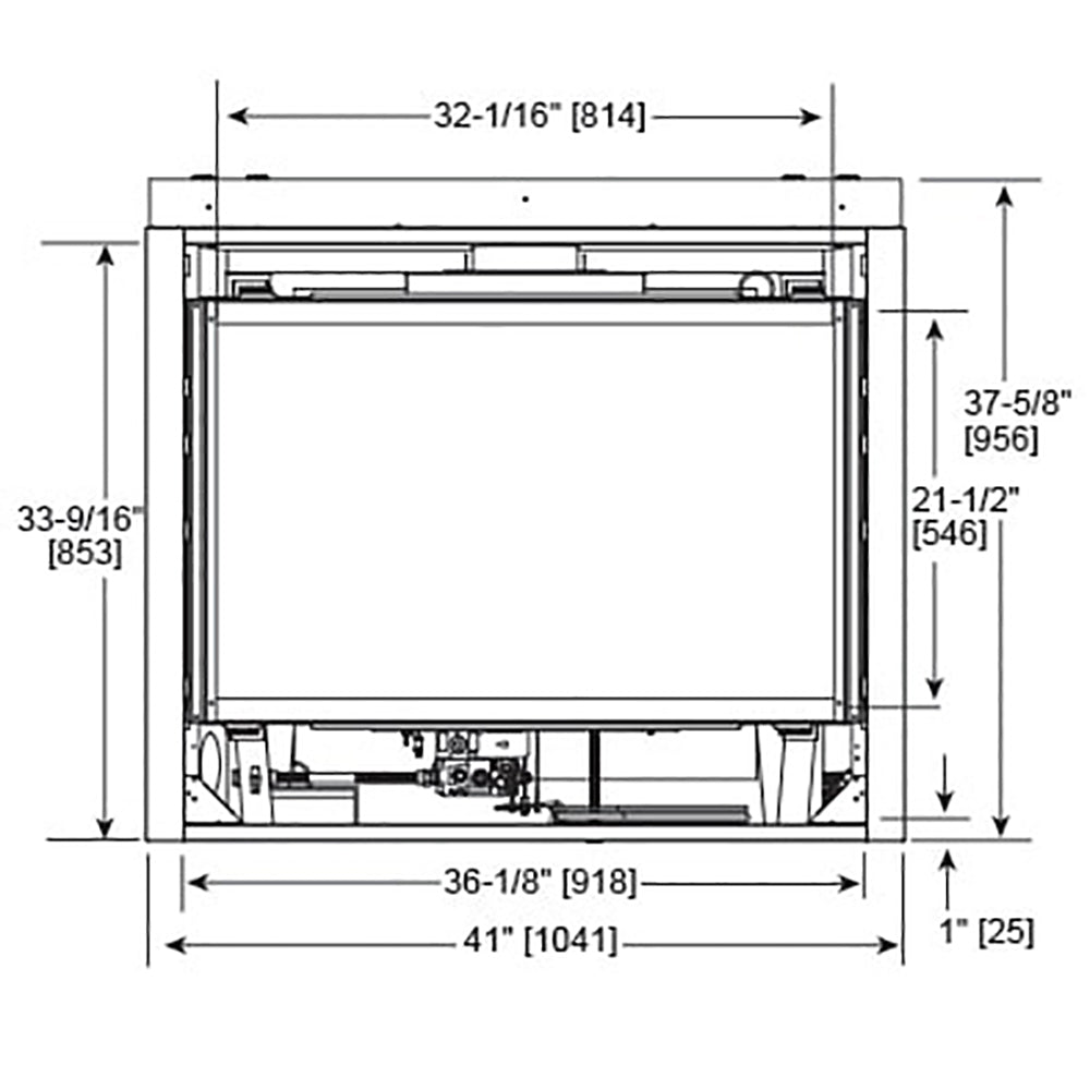 Front view technical drawing with dimensions for a direct-vent gas fireplace