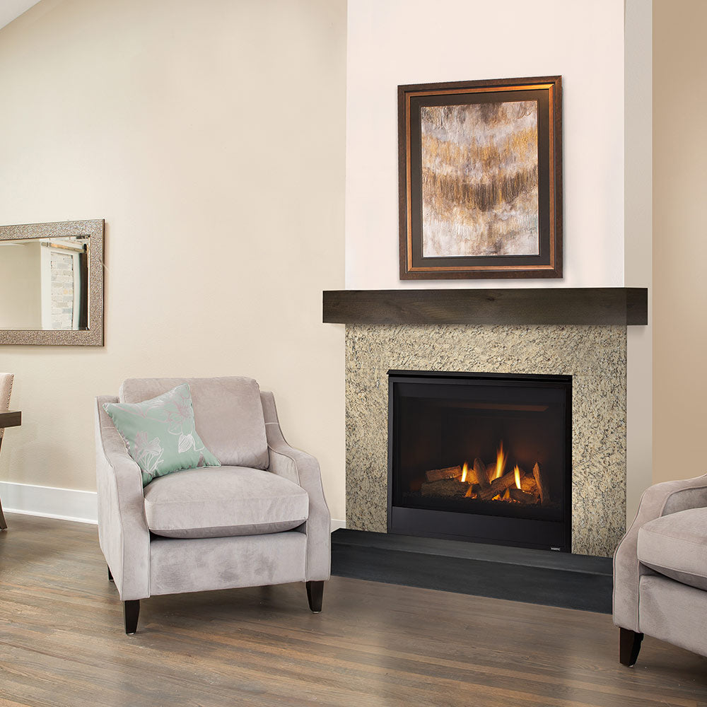 Direct vent gas fireplace with black trim and glass firebox showing burning flames