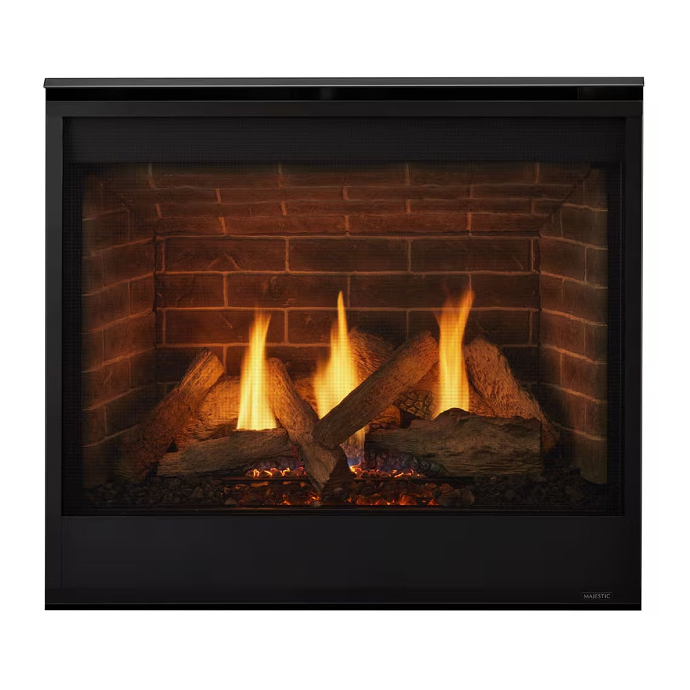Black direct-vent gas fireplace with brick interior and visible flames