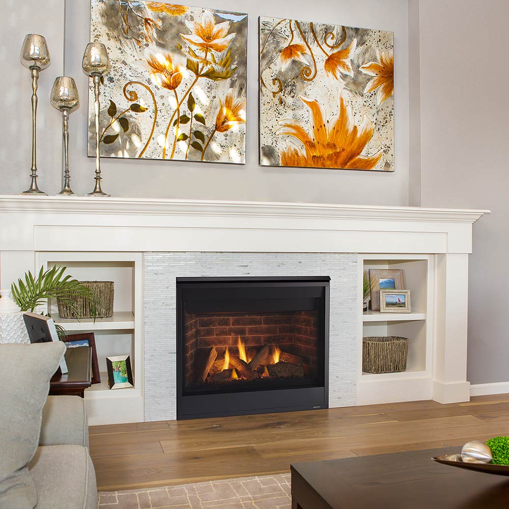 Direct vent gas fireplace with black firebox, burning flames, and white wall surround