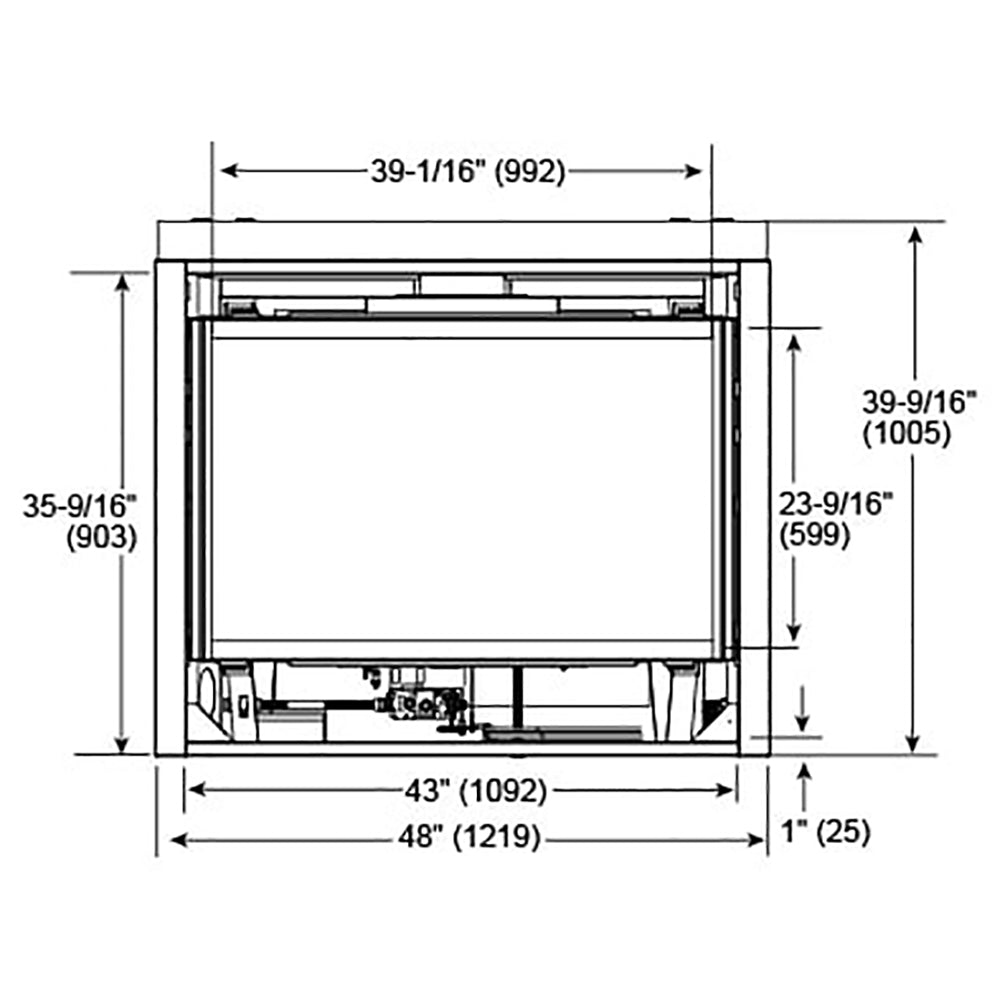 Quartz42IFT gas fireplace dimension diagram with front-view measurements