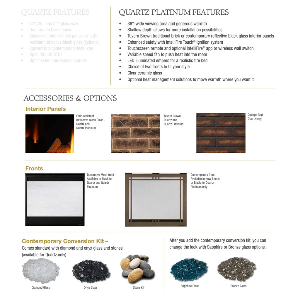 Gas fireplace accessories and interior panel options chart on feature sheet