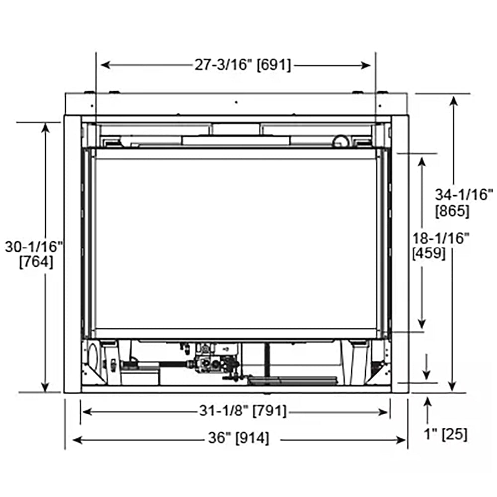 Direct vent gas fireplace cutaway diagram with labeled measurements and openings